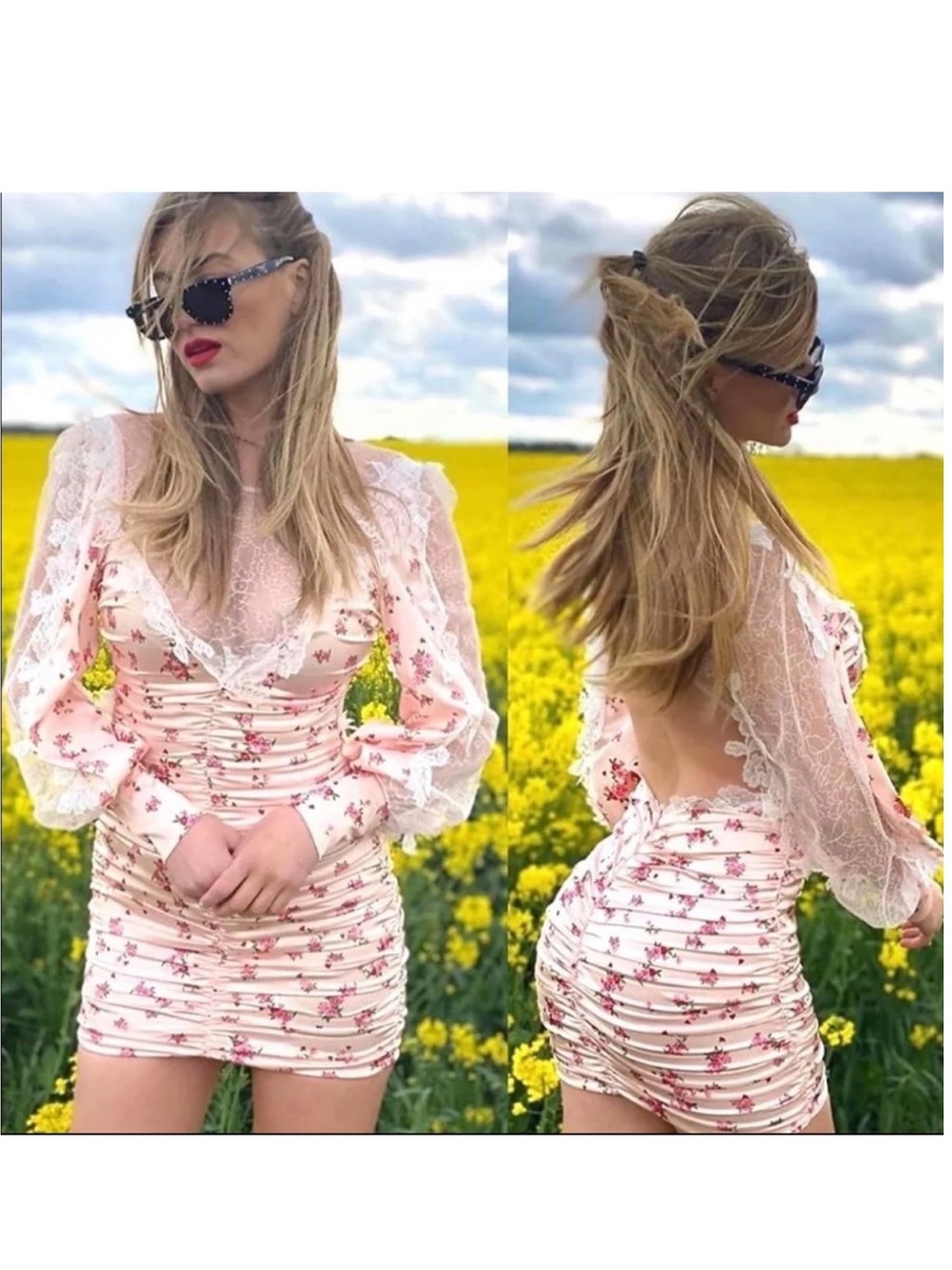 FOR LOVE & LEMONS PEACH PINK ASTER FLORAL MINI DRESS - Picture 15 of 16